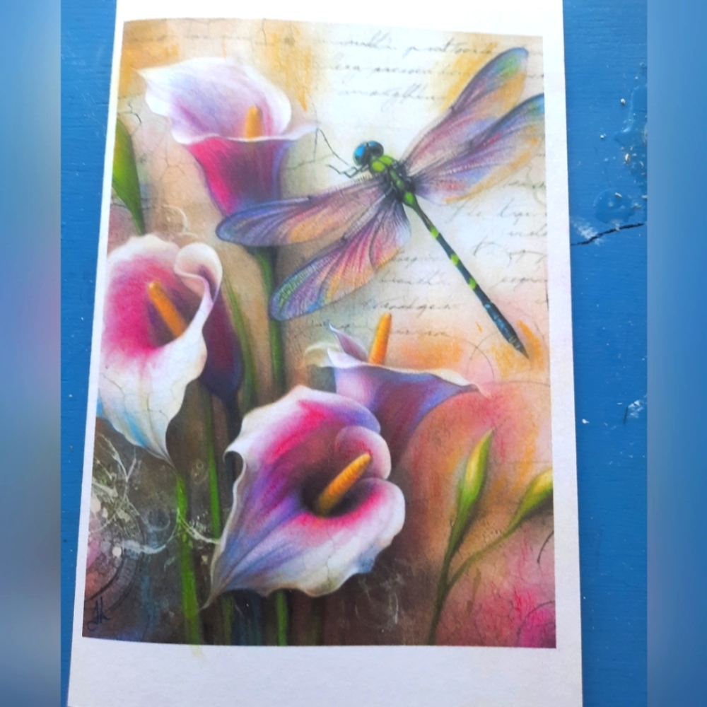 3 for 25$ , Dragonfly with pink callas / Handmade greeting card , blank inside